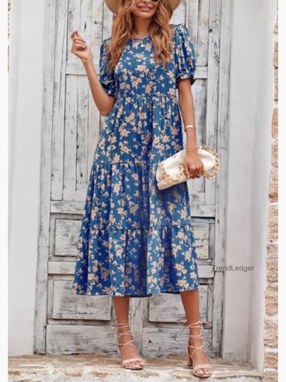 Boho Floral Midi Dress with Puff Sleeves - Summer Beach Sundress - Picture 4 of 7
